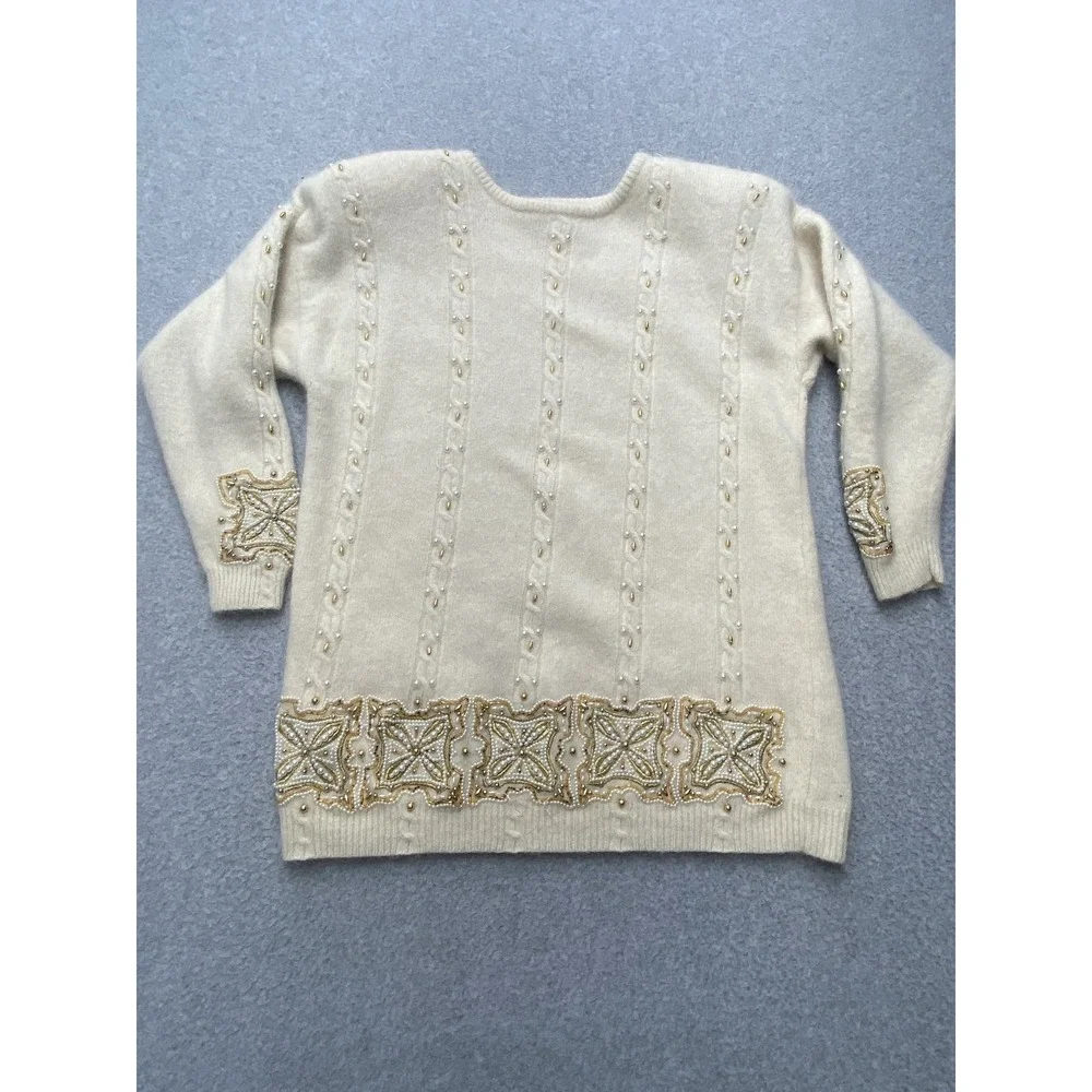Vintage Marisa Christina Sweater Tunic Womens L White Beaded Pearl 80s